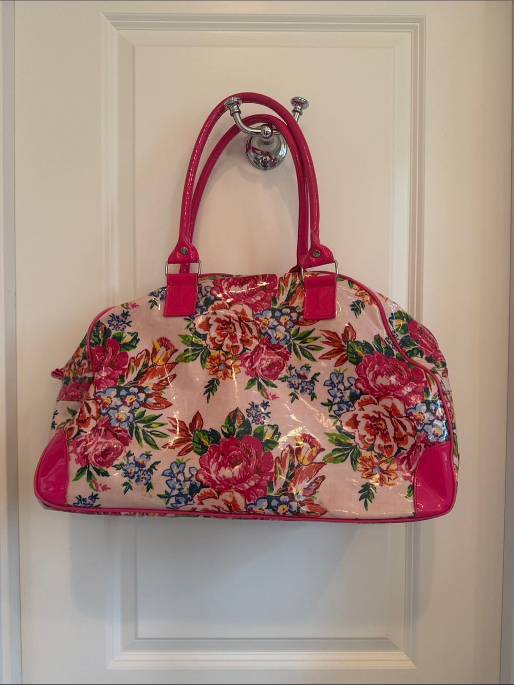 Patent Floral Tote Bag with Hot Pink Trim